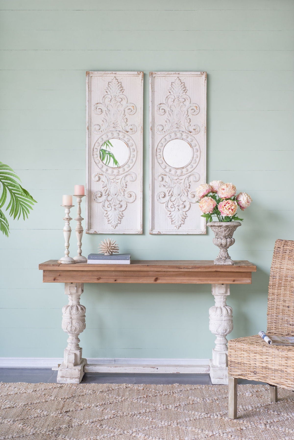 Large Wooden Wall Art Panels with Distressed Round Mirror Accents - White