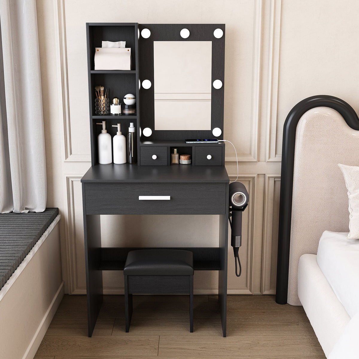 Vanity Set with Mirror, Adjustable LED Lights & Power Outlet - Wood & Mirror