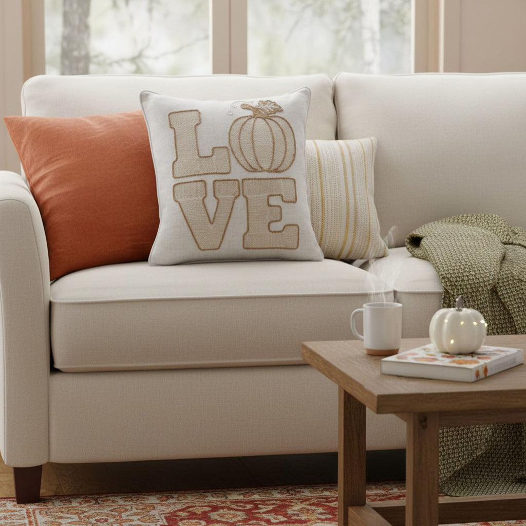 Love Pumpkin Embroidered Throw Pillow with Embroidered LOVE Lettering - Natural