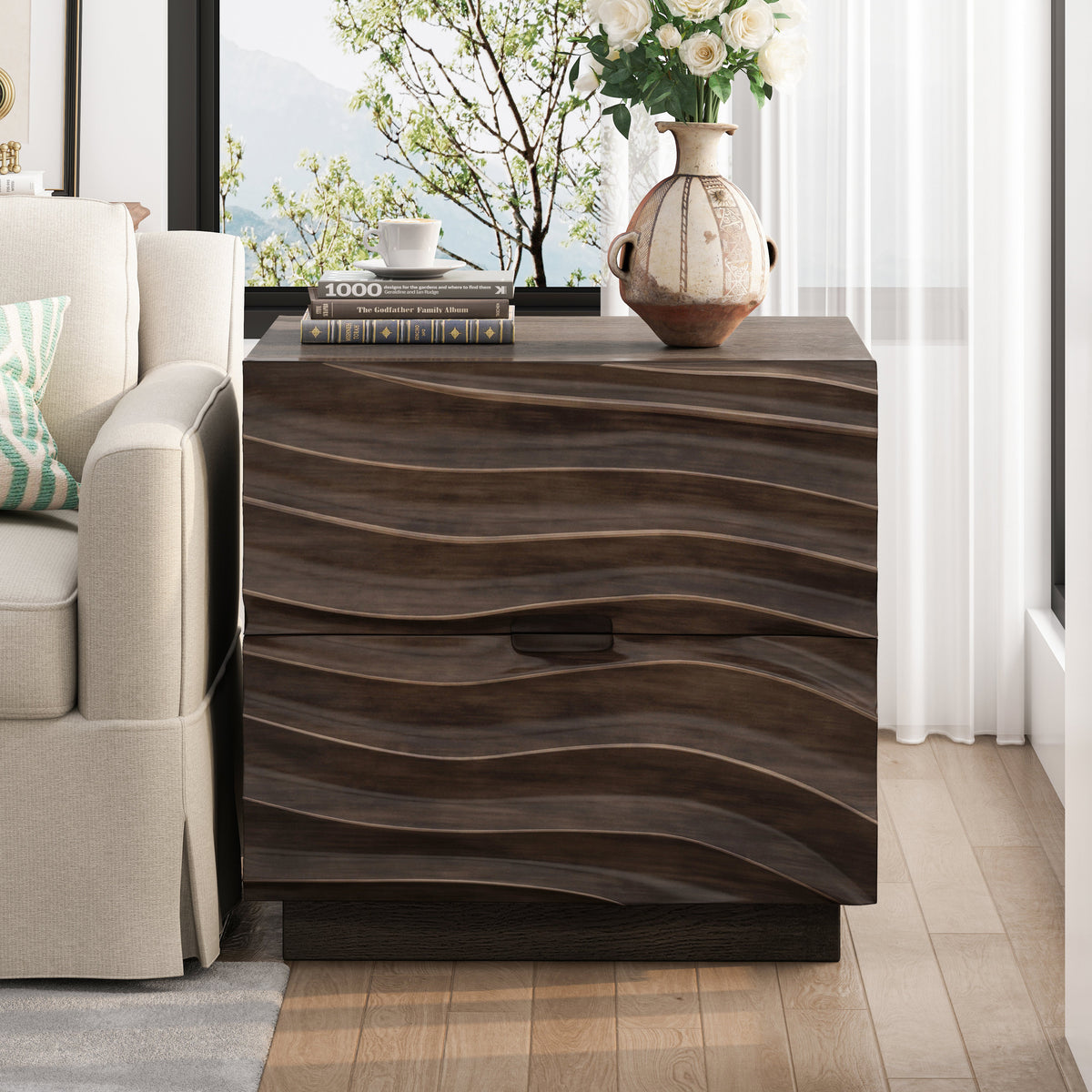Solid Wood Nightstands with 2 Drawers - Modern Handleless Design - Brown