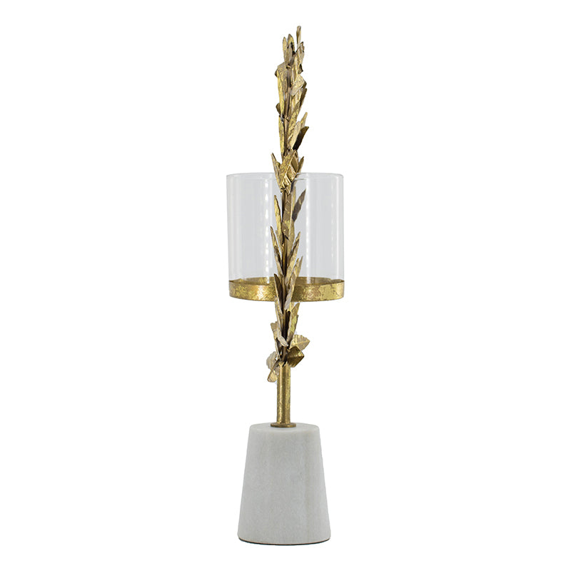 Iron Floral Hurricane Table Lamp with Marble Base - Gold & White