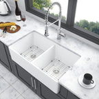 Double Bowl Apron Front Kitchen Sink with Scratch Resistance - White