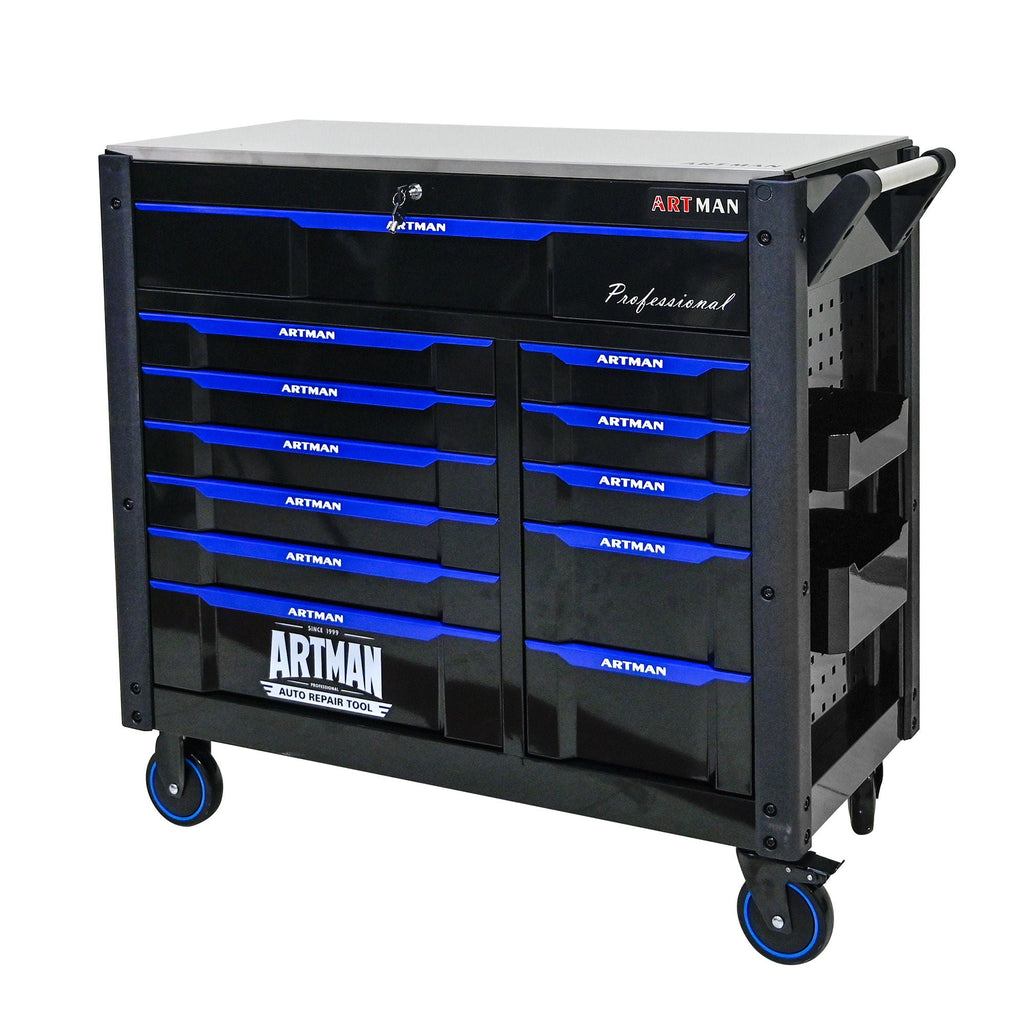 12 Layer Drawer Multi Purpose Tool Cart with Wheels and Iron Top - Black / Blue