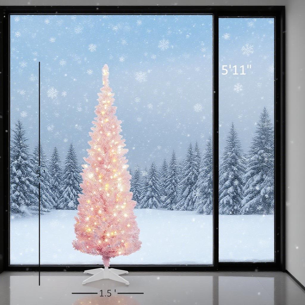 Pink 5ft Pencil Christmas Tree with Snow-Flocked Branches - Pink