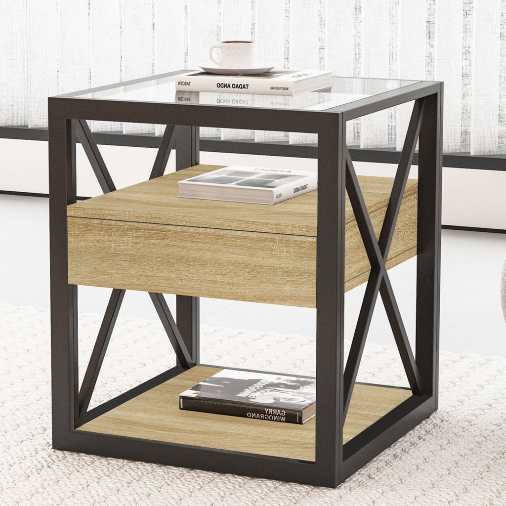 Modern End Table with Drawer - Natural Wood & Tempered Glass