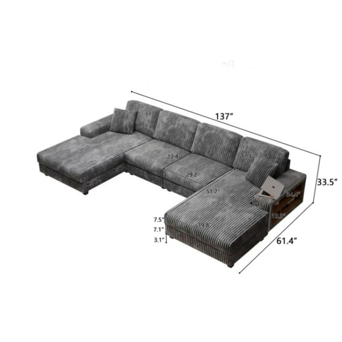 U-Shaped Convertible Sofa, 4 Seater Sectional with Storage Armrests - Multiple Colors