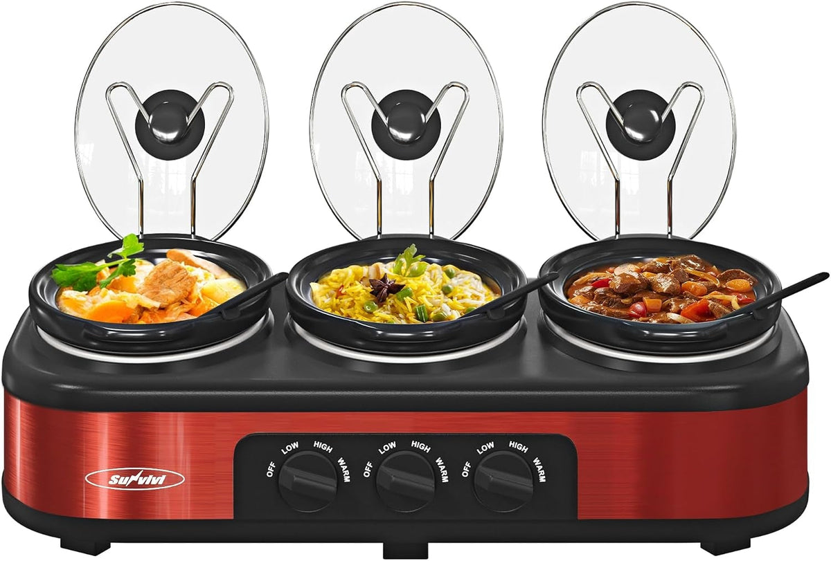 Triple Slow Cooker Buffet Food Warmer with 3 Removable Pots - Red or Blue