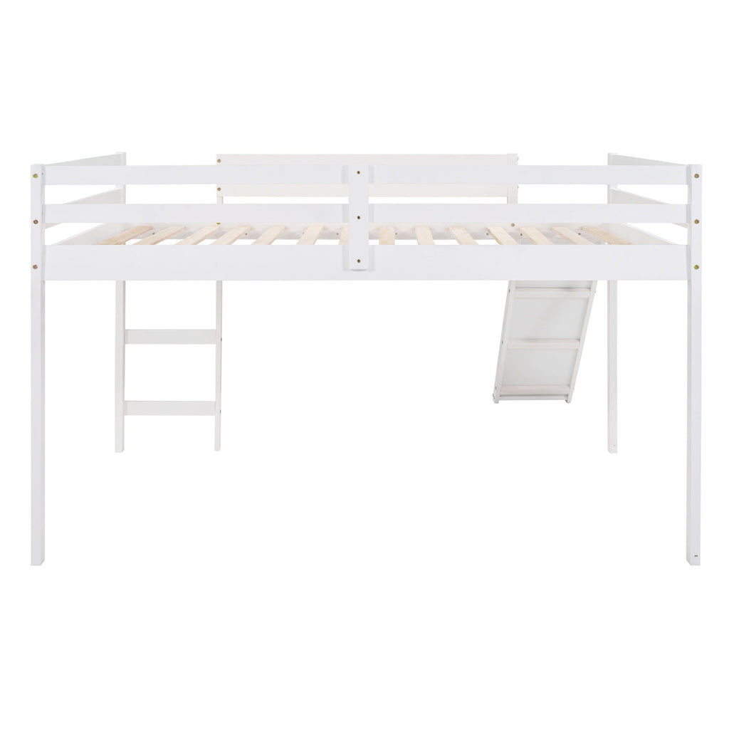White Full Loft Bed with Slide - Multifunctional Design