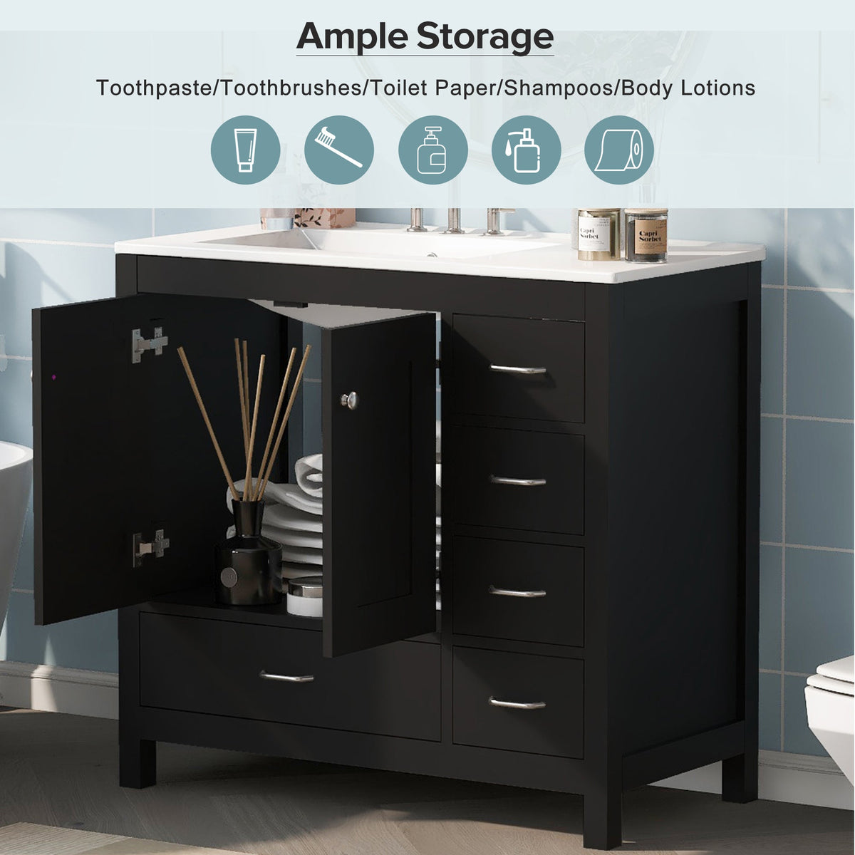 36" Black Bathroom Vanity With Ceramic Sink Combo