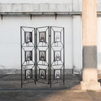 Black Room Divider with Photo Frames, Antique Mirror & Candlesticks - 71" Tall