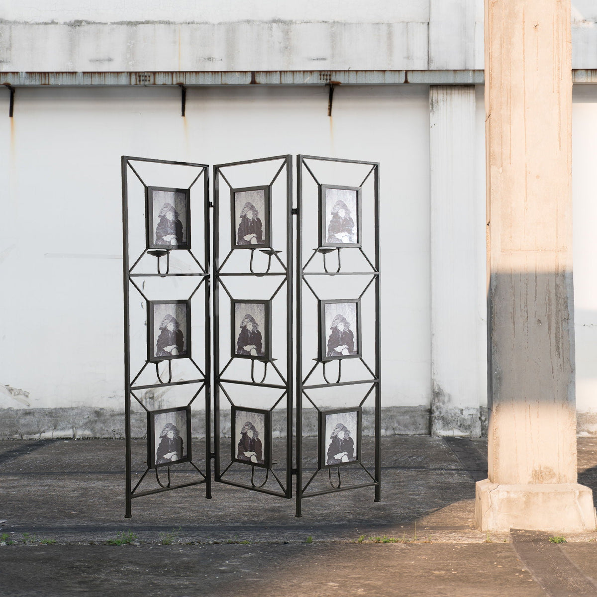 Black Room Divider with Photo Frames, Antique Mirror & Candlesticks - 71" Tall