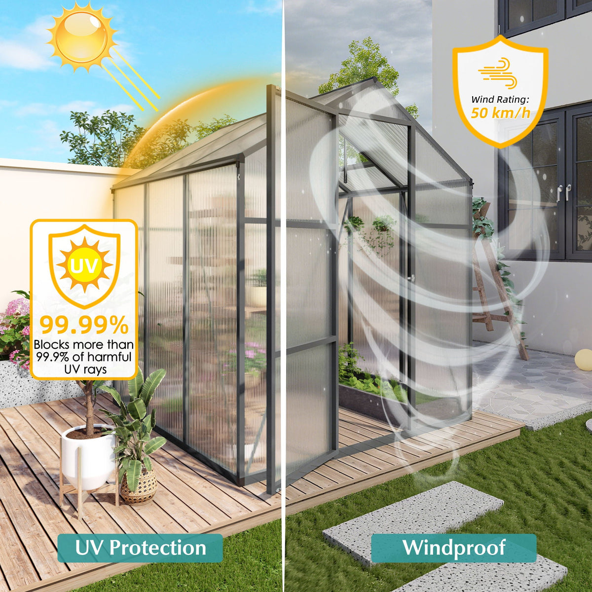 Windproof Greenhouse with Raised Base - Polycarbonate Panels - Black