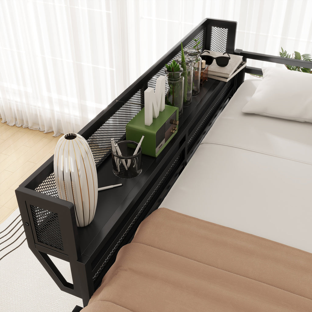 Full Size Loft Bed with Ladder and Storage Shelves - Black Metal