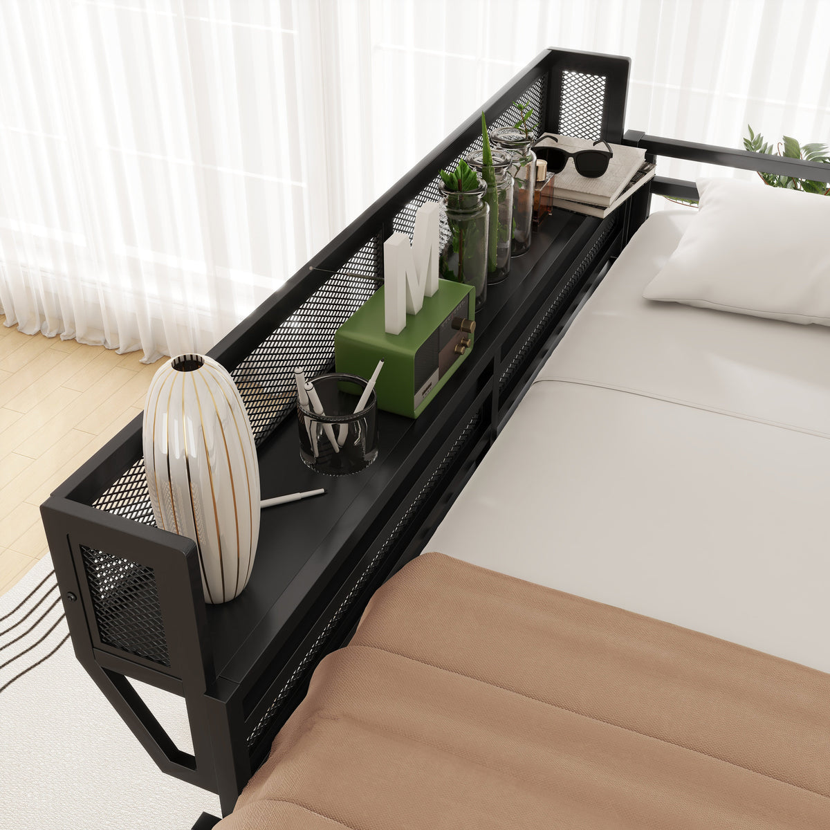 Full Size Loft Bed with Ladder and Storage Shelves - Black Metal