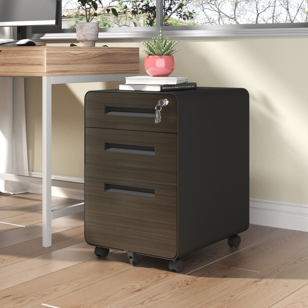 3-Drawer Mobile File Cabinet with Lock and Casters - Black or White