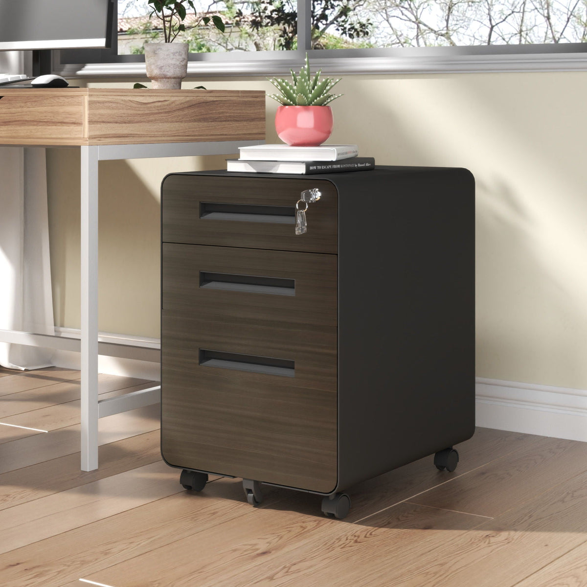 3-Drawer Mobile File Cabinet with Lock and Casters - Black or White