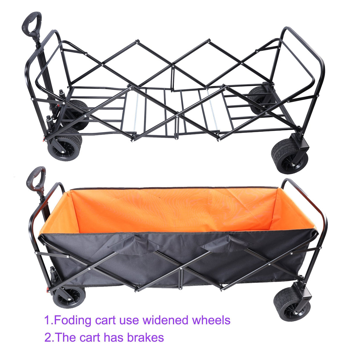 Large Capacity Folding Outdoor Wagon Cart with Extender - Black & Orange
