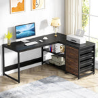 L-Shaped Computer Desk with Drawers and Shelves - Black or Dark Brown