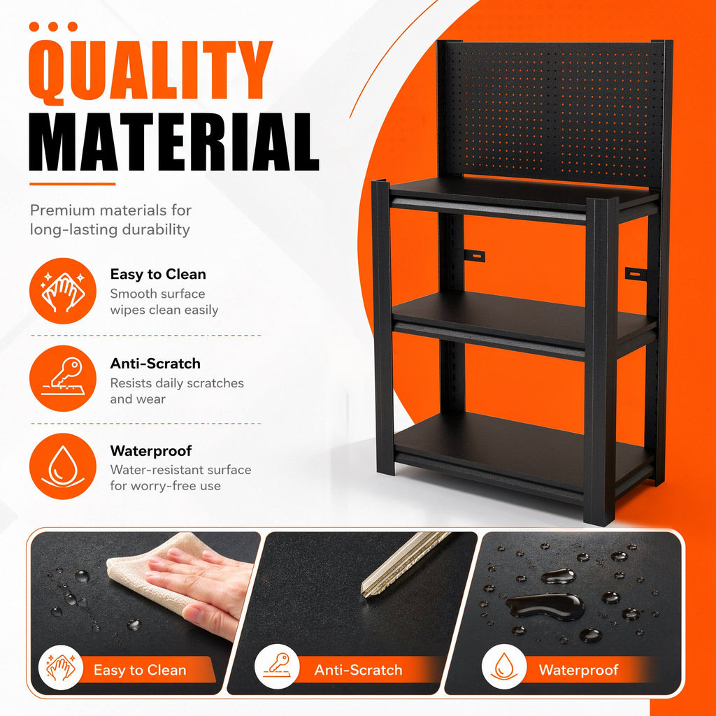 3-Tier Heavy-Duty Metal Storage Shelving Unit with Pegboard - Metal