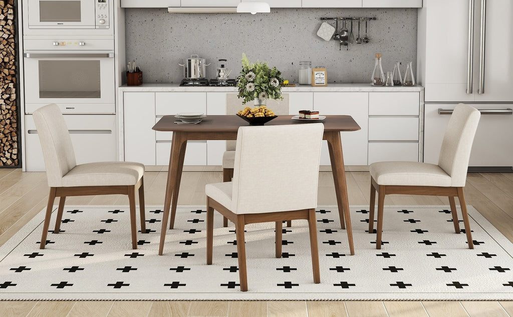 5-Piece Dining Table Set with Upholstered Chairs - Light Beige/Walnut