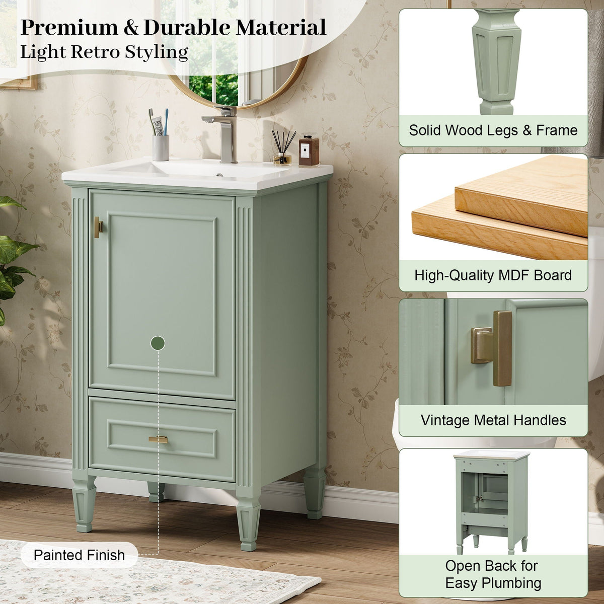 Retro Bathroom Vanity With Sink with Soft-Closing Doors - Green or Dark Gray