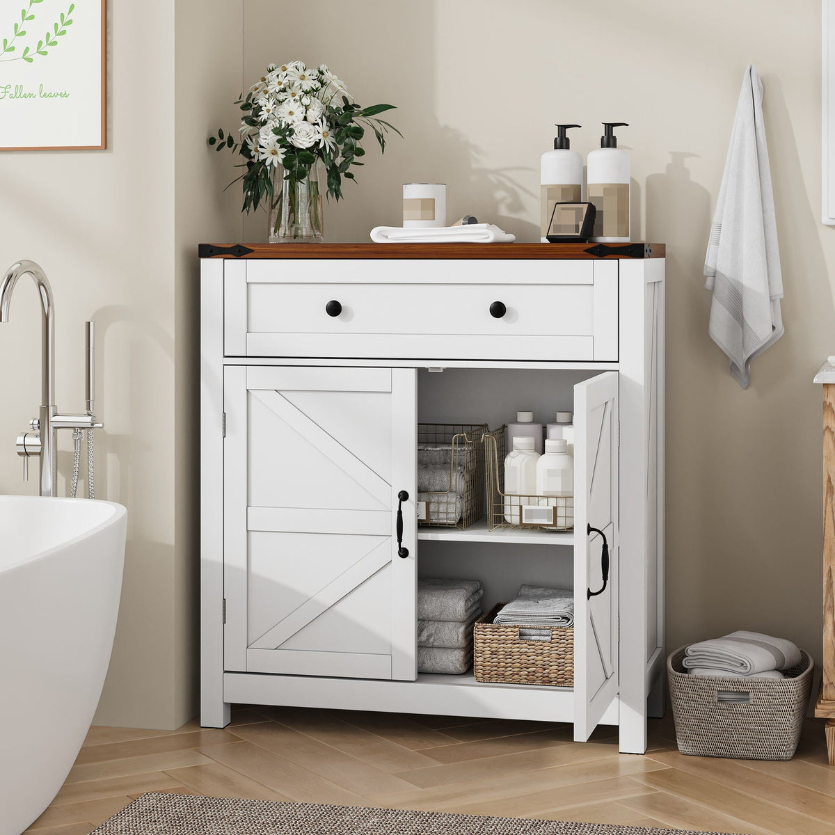 Farmhouse Storage Cabinet with Drawer and Adjustable Shelf - White or Black