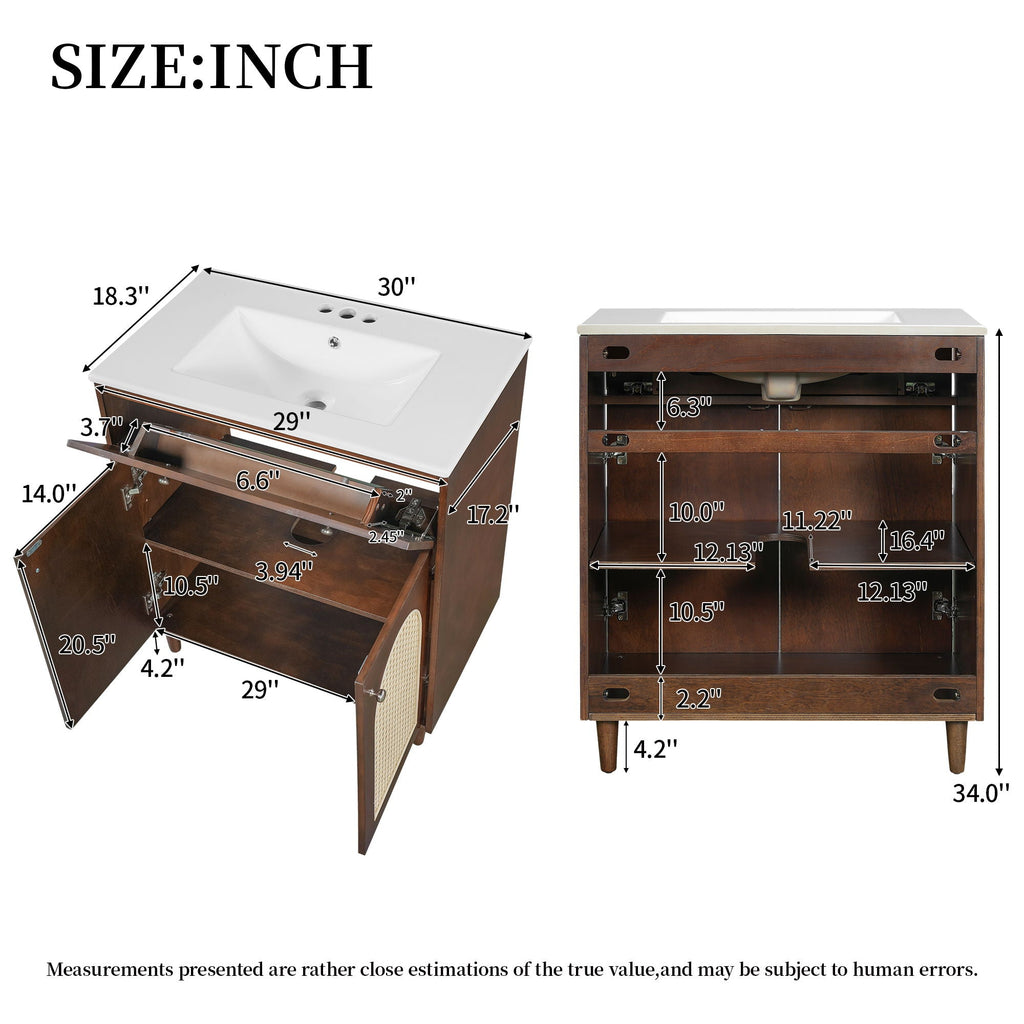 Modern Bathroom Vanity with Ceramic Sink and Adjustable Shelf - Dark Brown or White