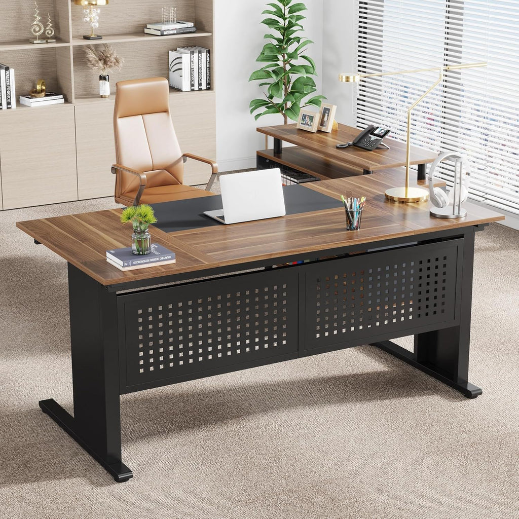 L-Shaped Executive Desk with File Cabinet and Storage Drawers - Light Brown or Dark Gray