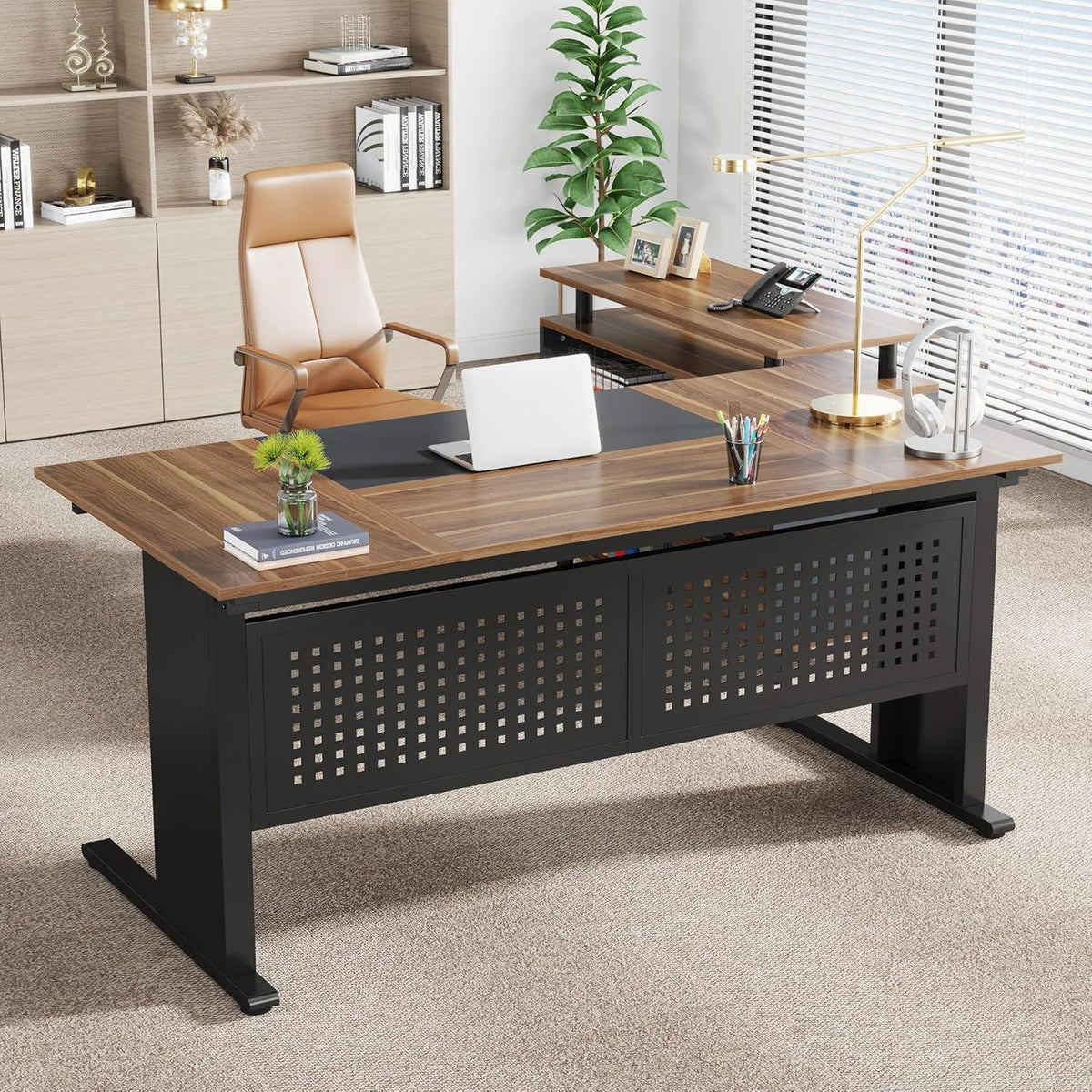 L-Shaped Executive Desk with File Cabinet and Storage Drawers - Light Brown or Dark Gray