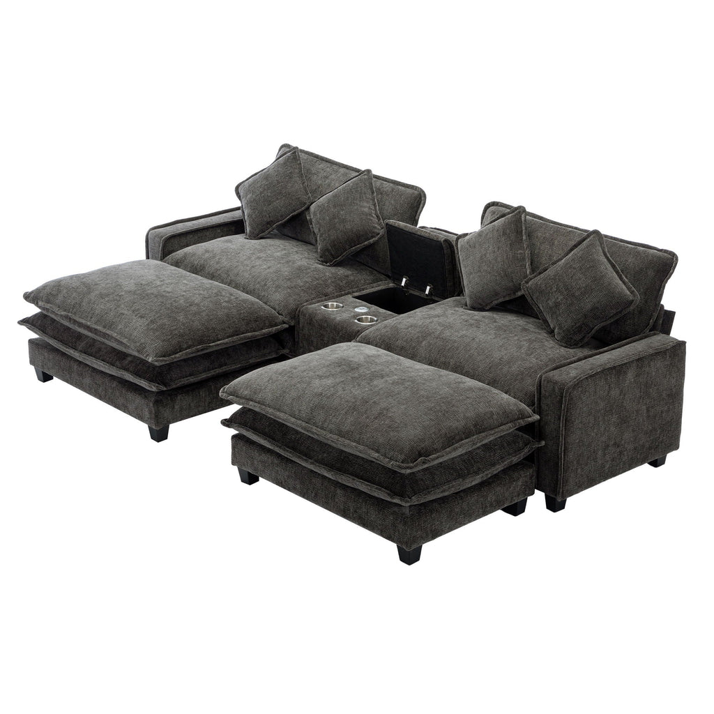 Modern Sectional Sofa with Removable Ottomans, USB Ports - Dark Gray or Light Blue