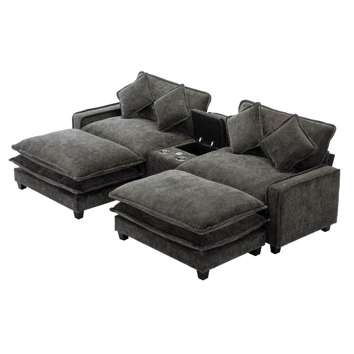 Modern Sectional Sofa with Removable Ottomans, USB Ports - Dark Gray or Light Blue