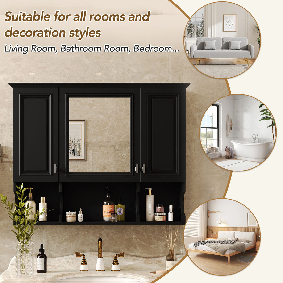 Wall Mounted Bathroom Medicine Cabinet With Mirror & Open Shelves