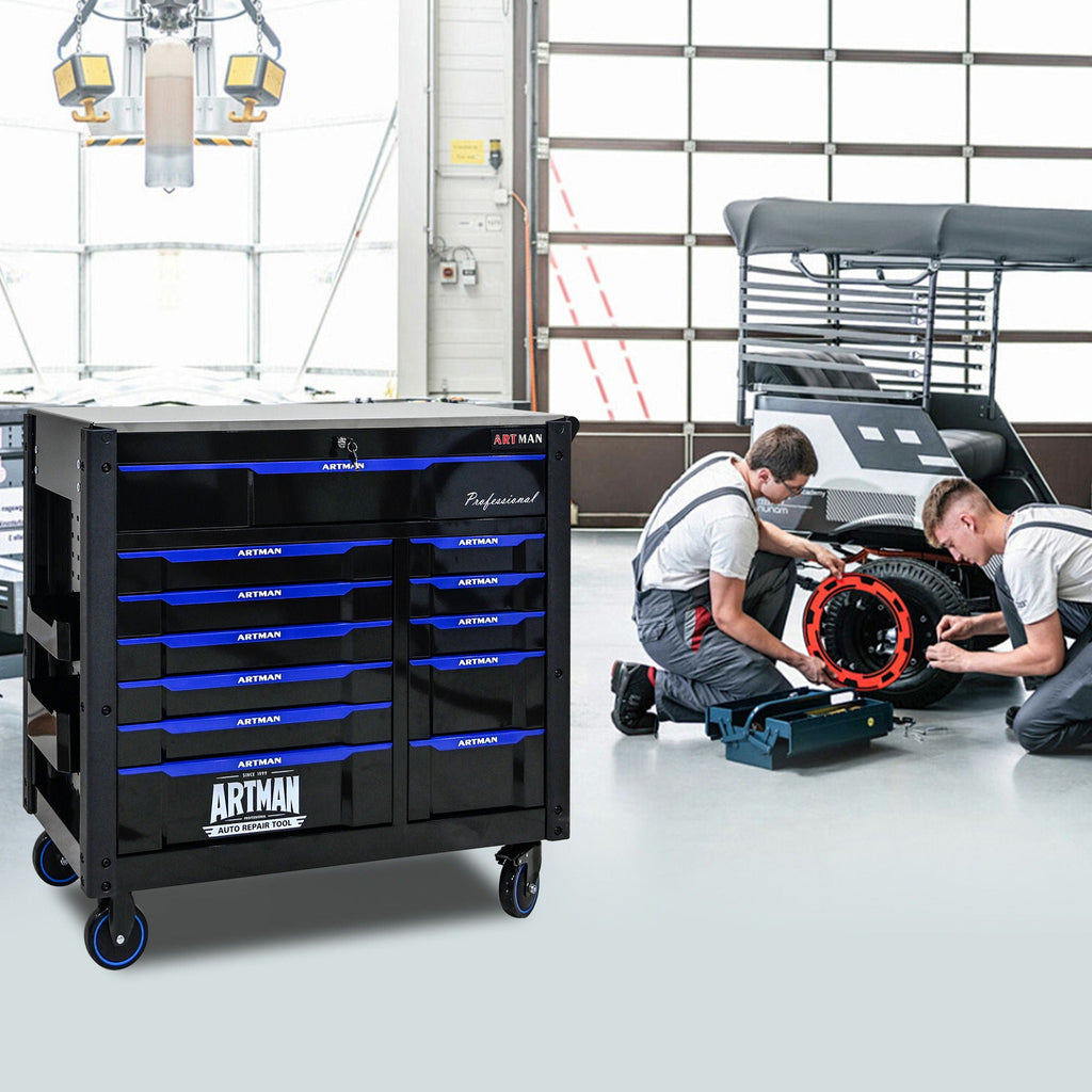 12 Layer Drawer Multi Purpose Tool Cart with Wheels and Iron Top - Black / Blue