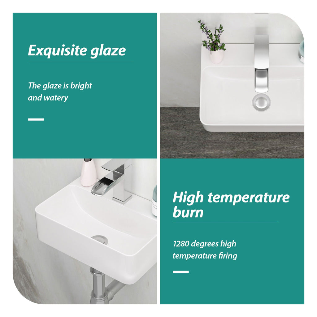Ceramic Rectangle Wall Mount Bathroom Sink with Single Faucet Hole - White