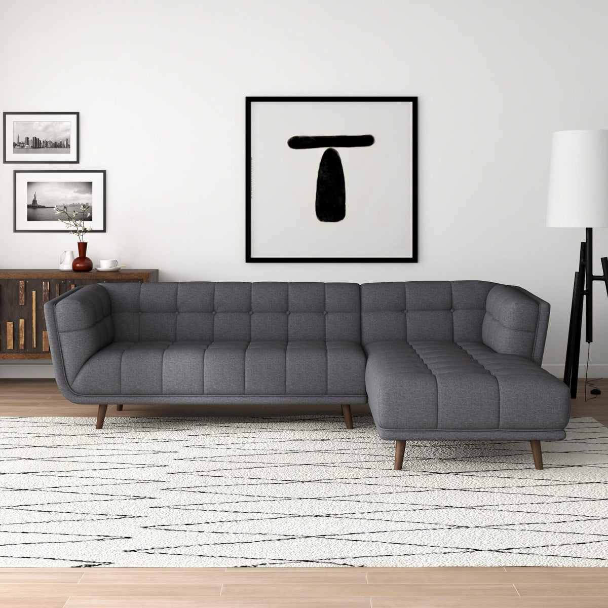 L Shape Sectional Sofa Tufted with Mid-Century Modern Design - Dark Gray or Beige