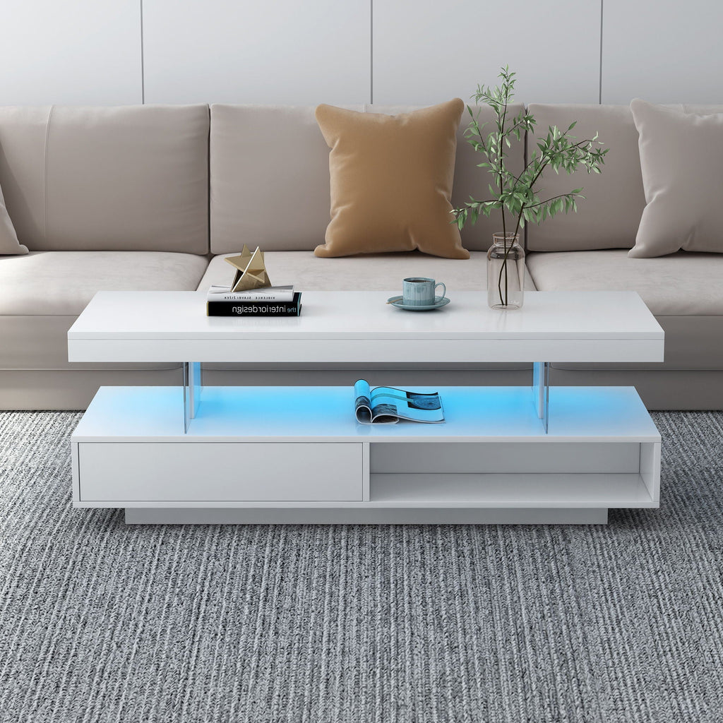 LED Coffee Table with 2 Drawers and Display Shelves - Black or White