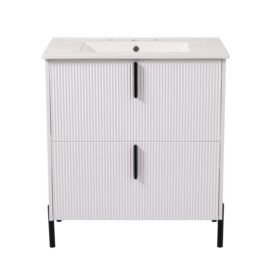 Bathroom Vanity With Ceramic Sink and Fluted Design - Dark Green, White, Light Brown