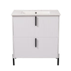 Bathroom Vanity With Ceramic Sink and Fluted Design - Dark Green, White, Light Brown