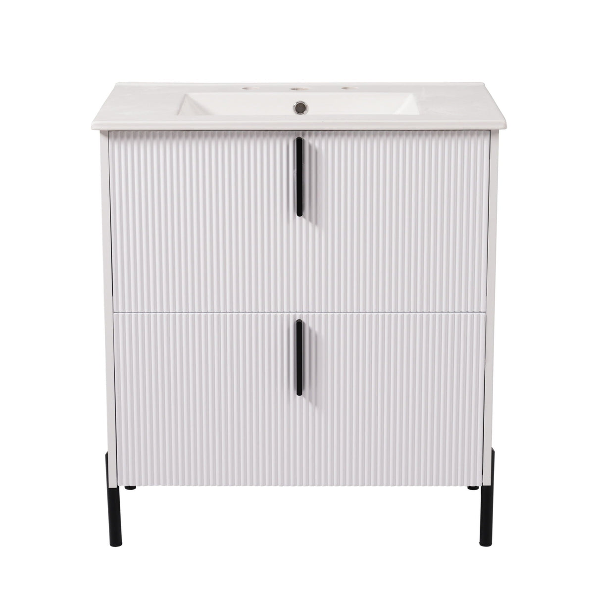 Bathroom Vanity With Ceramic Sink and Fluted Design - Dark Green, White, Light Brown