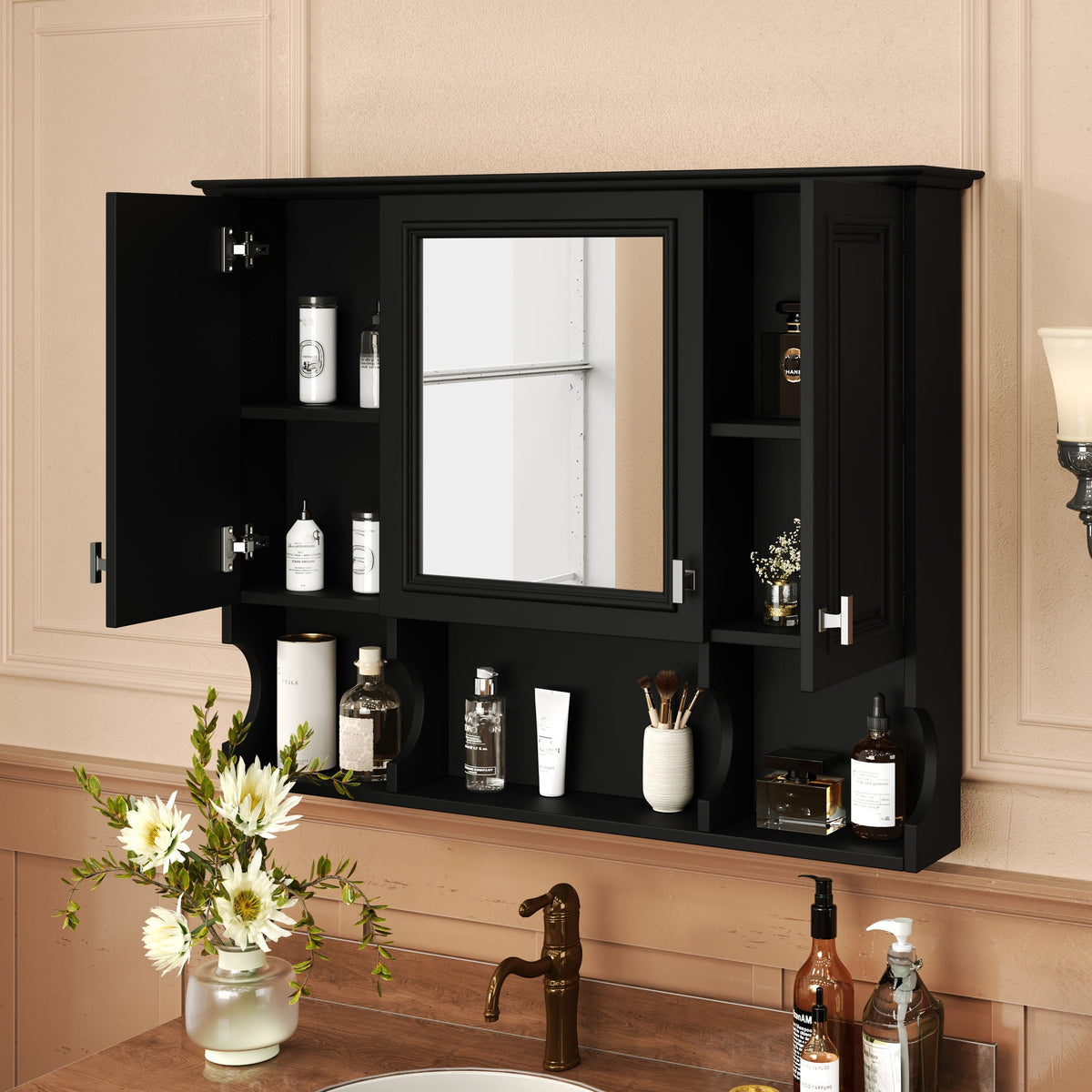 Wall Mounted Bathroom Medicine Cabinet With Mirror & Open Shelves