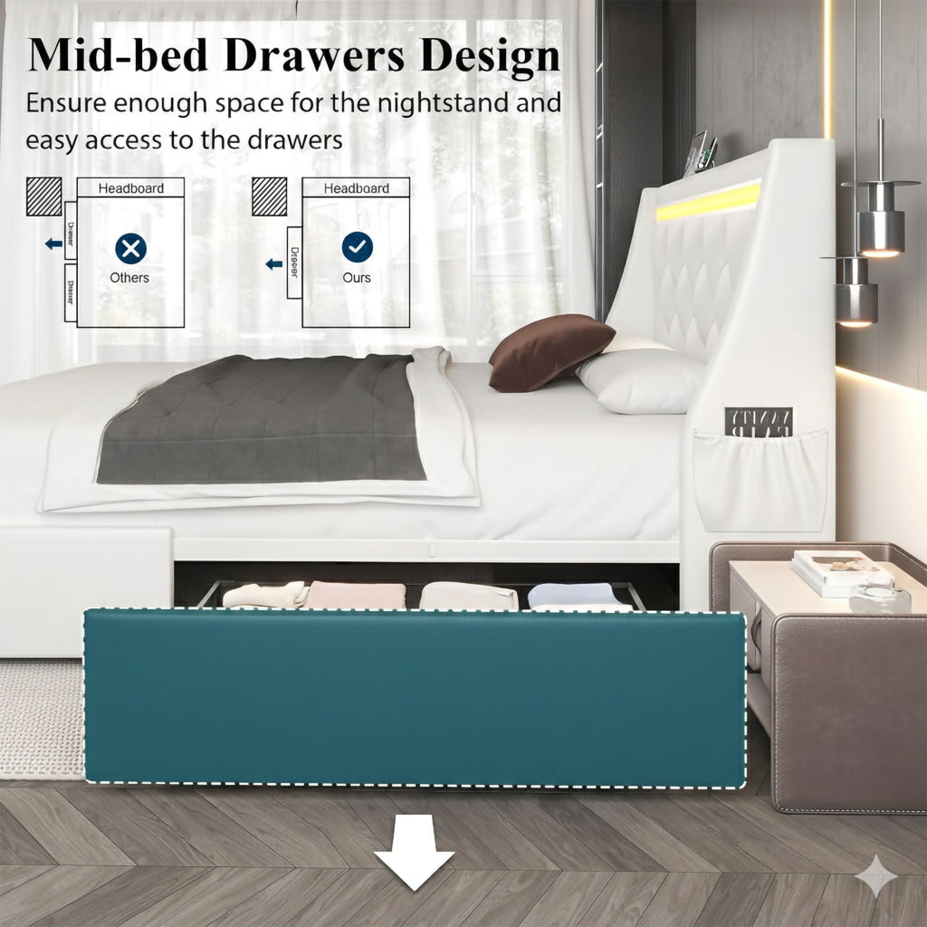 Wingback Upholstered Bed Frame with LED Lights and Charging Station - Black or White
