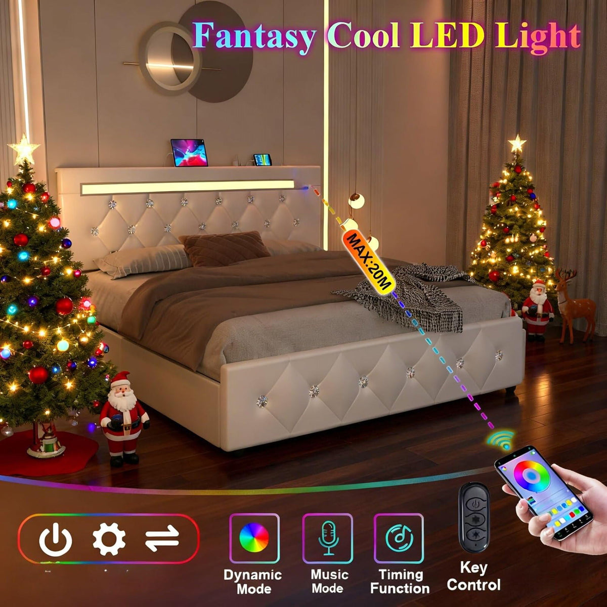 Upholstered Storage Bed Frame with LED Lights and Drawers – White or Black