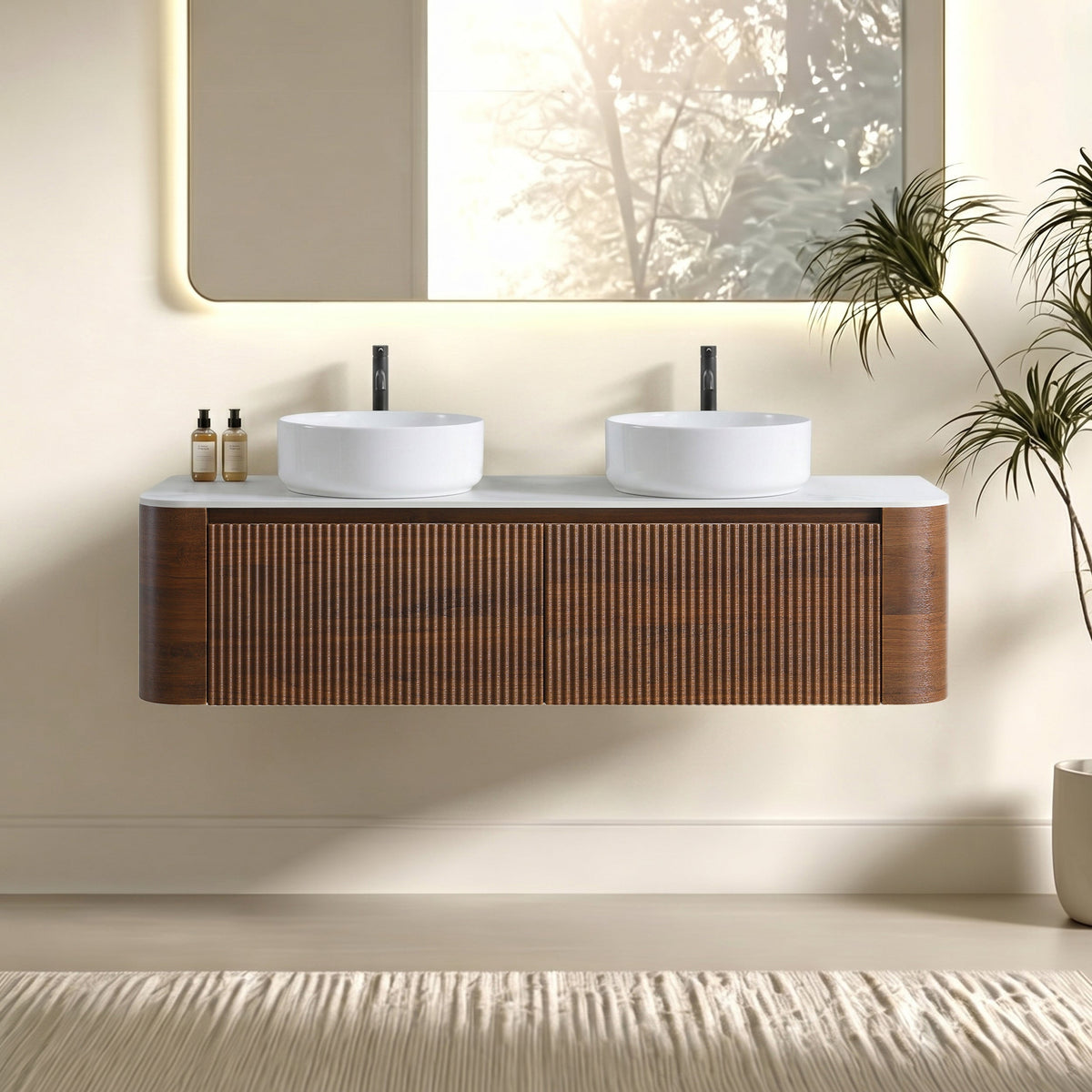 Erba 60 Inch Bathroom Vanity with Sink - Fluted Design - Walnut, White