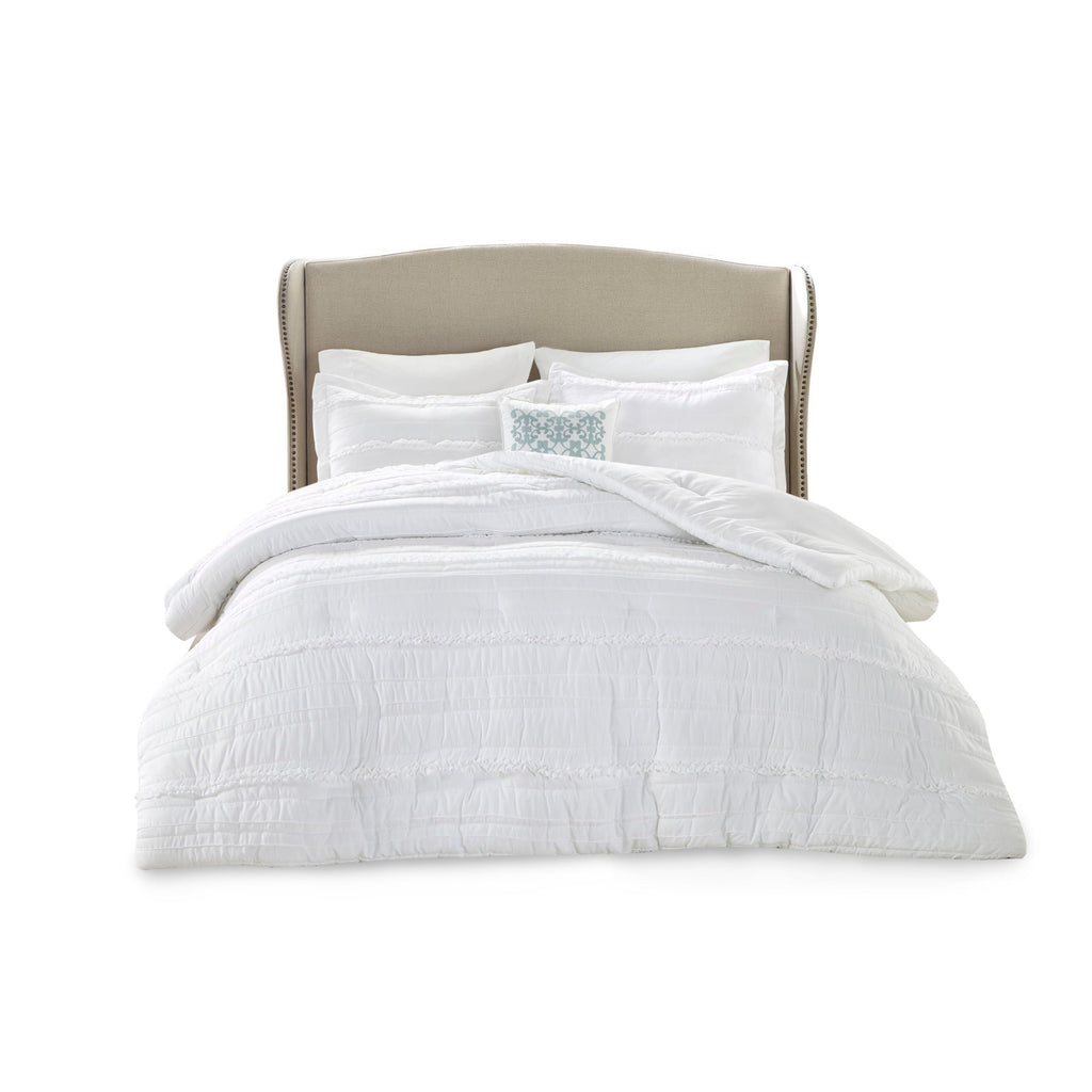 White Microfiber Ruffled Comforter Set with Decorative Pillow – Queen