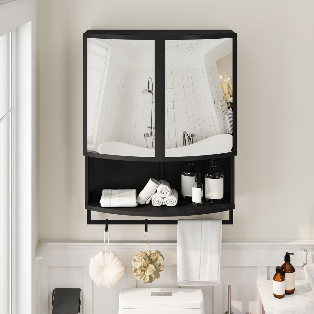 Arched Glass Double Door Wardrobe with Shatterproof Mirror - Black or White
