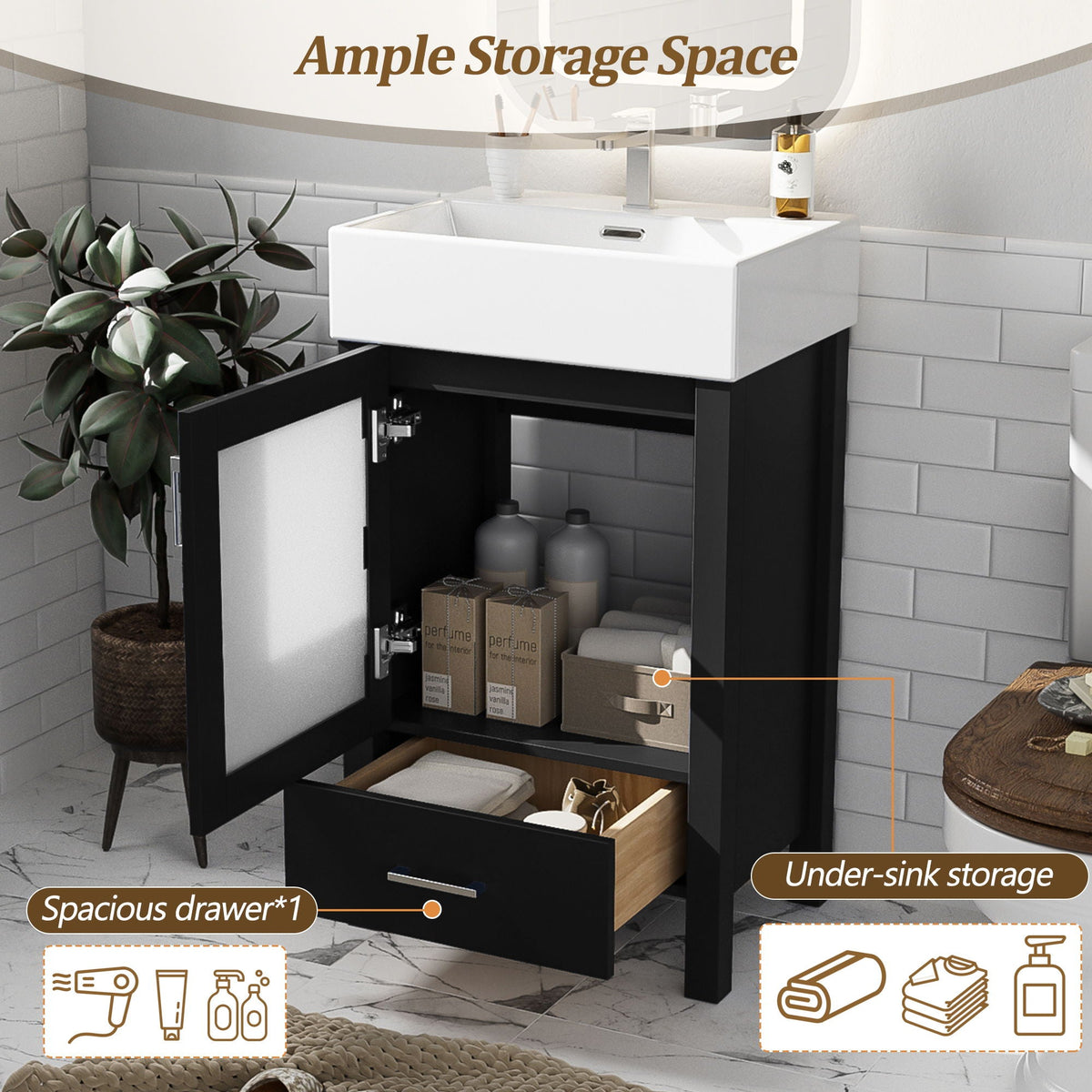 Bathroom Vanity with Ceramic Sink and Ample Storage - Blue, Green, or Black