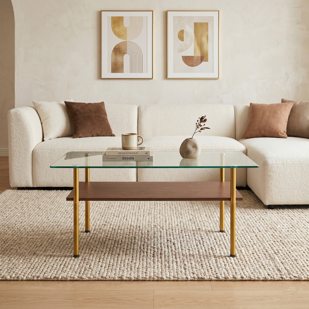 Modern Glass Coffee Table and End Tables Set of 3 with Golden Metal Legs