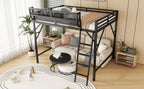 Full Size Loft Bed with Ladder and Storage Shelves - Black Metal