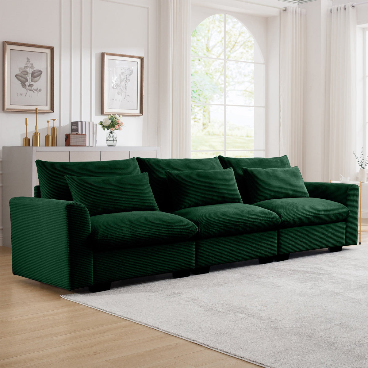3 Seater Deep Seat Couch for Living Room with Corduroy Upholstery - Black, Beige, or Green