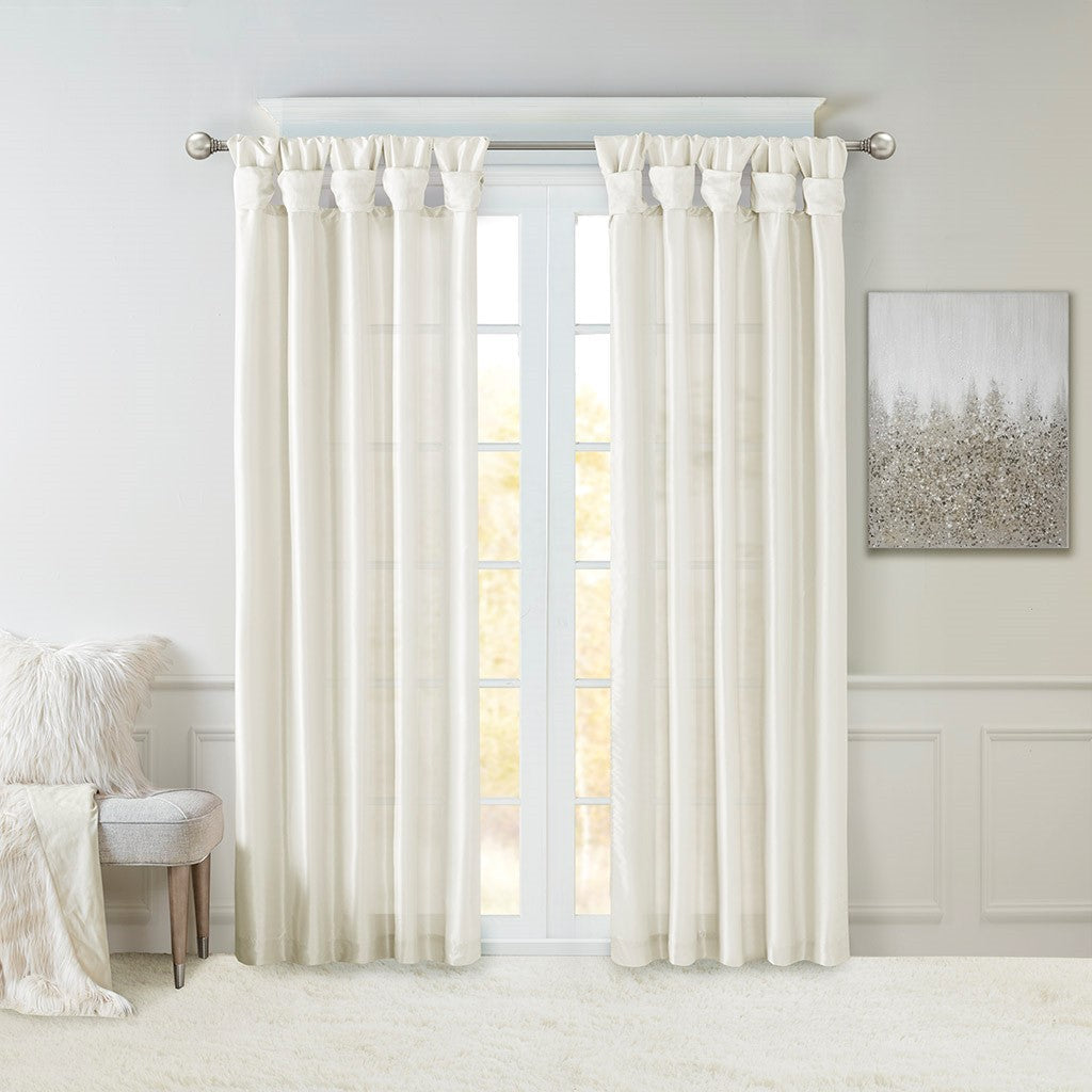 Twist Tab Lined Window Curtain Panel with Faux Silk Sheen - White